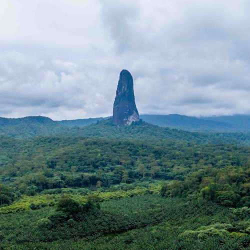 Panoramic view of Pico Cão Grande rising above the dense rainforest, São Tomé Island