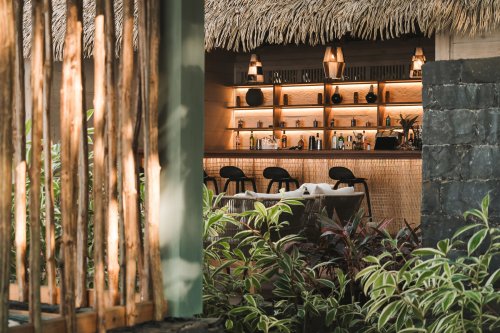View of the thatched-roof bar through tropical foliage at Bom Bom Beach Club