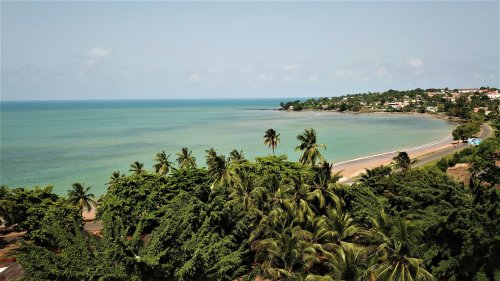 Vista sobre a praia da Ilha de São Tomé, com palmeiras e água cristalina.