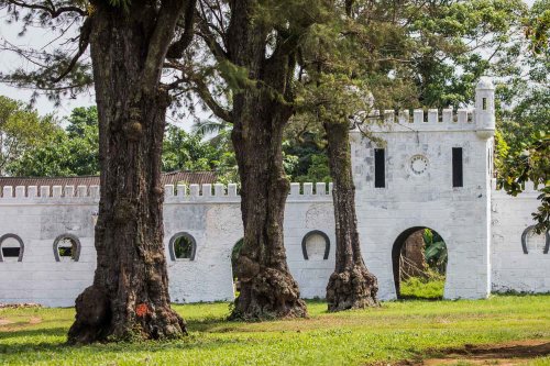 Ruins of an old stone building surrounded by lush greenery