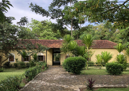 Front entrance of Belo Monte’s historic plantation house with yellow facade, red tiled roof and tropical gardens.