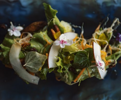 Delicate salad with coconut flakes, flowers, carrots, and green lettuce on a dark blue background.