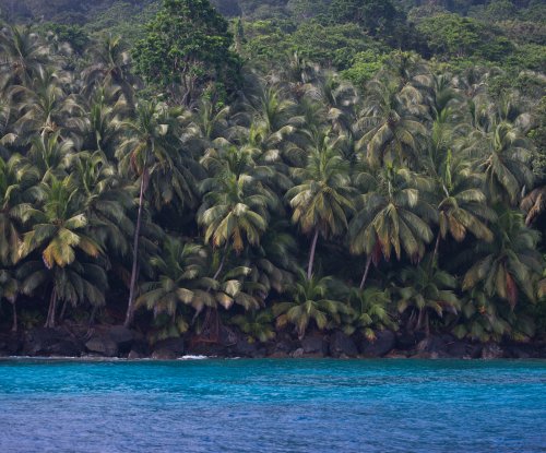 Praia isolada com rochas vulcânicas escuras e águas turquesa na costa nordeste, Ilha do Príncipe
