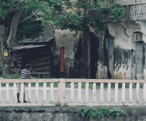 Street scene with colonial buildings in Santo António, Príncipe Island