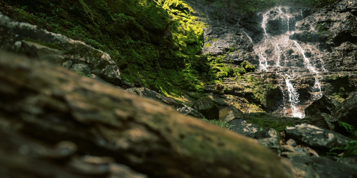 Waterfall flows over rocks on Príncipe Island, partly covered in green moss.