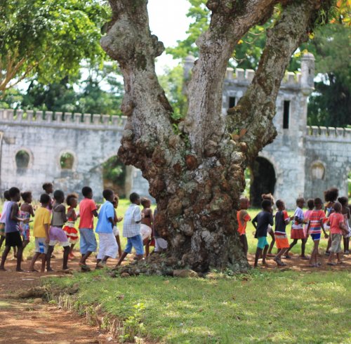 A group of brightly dressed children standing behind a tree in front of Roca Sundy, Príncipe Island.