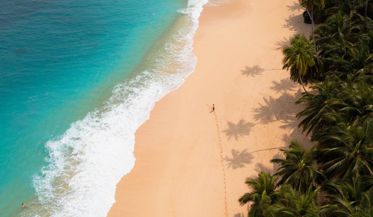 Aerial view of a pristine beach with golden sand, turquoise sea and coconut palms, São Tomé and Príncipe